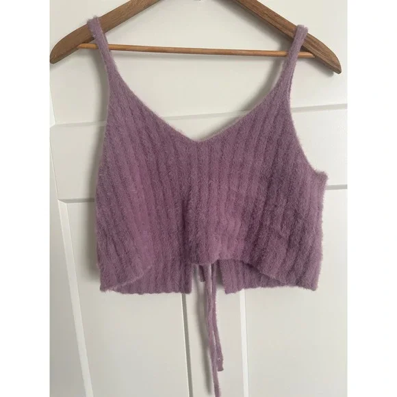 LA Hearts Purple Fuzzy Knit Tie Front Crop Top Ribbed Eyelash Sweater Tank Small - Picture 5 of 5
